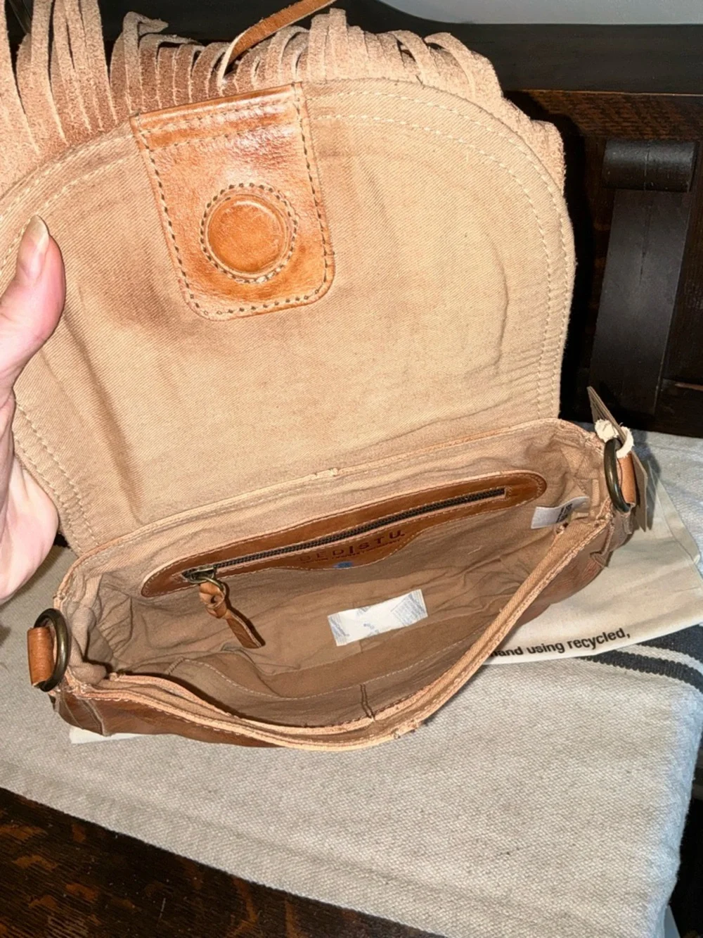 NWT Bed Stu Leather Eastend Fringe Crossbody Bag Tan Dip Dyed Retail $165